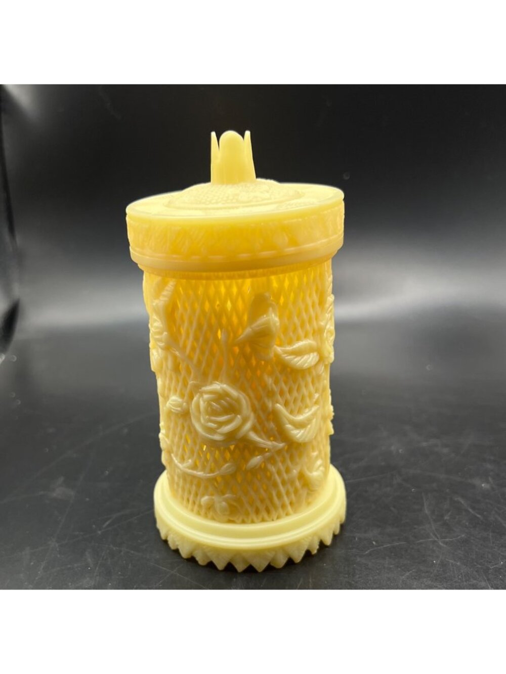 Vintage Celluloid Cocktail Fork  Holder Rose Bird Design 25 Picks Lid Container